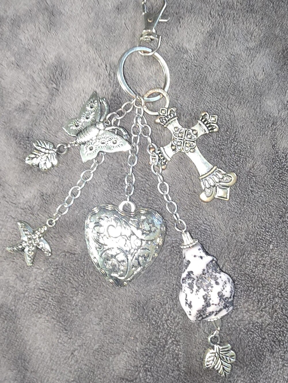 Silver-Tone Heart & Charm Keychain with Cross and Butterfly